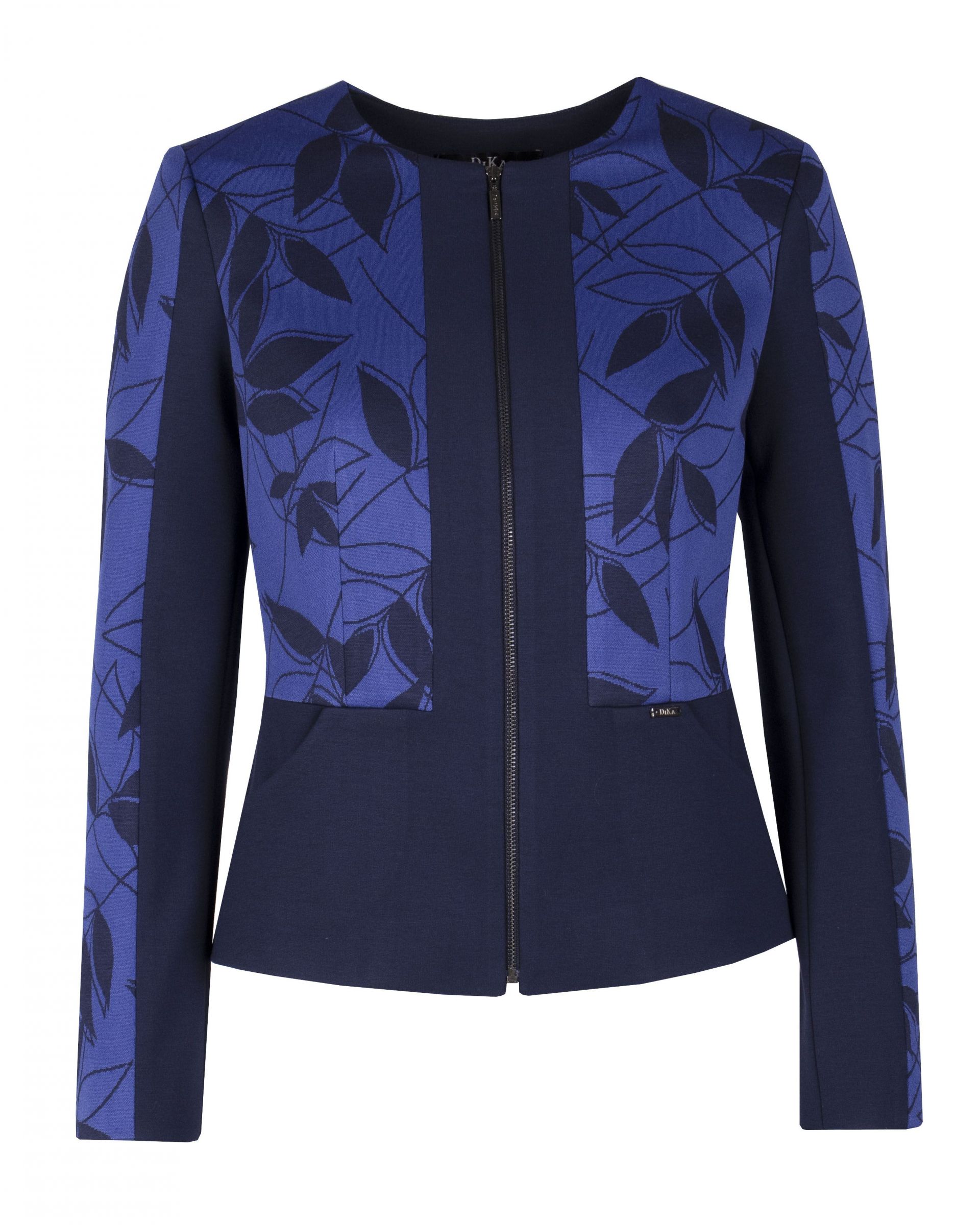 Zipper jacket with round neck, with contrasting elements with stylized leaves print 0